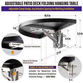 Hulave 304 Stainless Steel Deck Railing Adjustable Railing Folding Table, 10.5"x21" Balcony Railing Hanging Table, for Deck Railing, Patios, Gardens Folding Patio Table (1pack-Black)