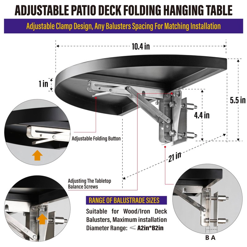 Hulave 304 Stainless Steel Deck Railing Adjustable Railing Folding Table,
