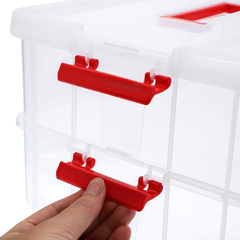 JUXYES 2-Tiers Stack Carry Storage Box With Handle, Transparent Stackable