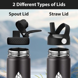 SENDESTAR Insulated Water Bottle 24 OZ, Wide Mouth 24 oz Water Bottle with Straw Lid, Spout Lid, Double Wall Vacuum Stainless Steel Leak Proof, Keeps Liquids Hot or Cold (Black)