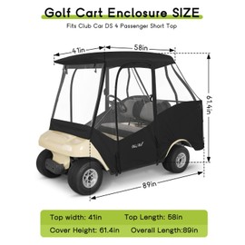 WEIMELL Golf Cart Enclosure 4 Passenger for Club Car DS 2+2 Enclosure Waterproof Windproof Driving Rain Cover Fit 4-Seater Short Roof with 4-Sided Clear Windows Mirror Zipper Roll-up Door Black