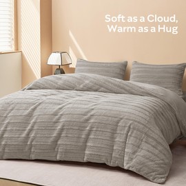 JELLYMONI Fluffy Duvet Cover Set Queen Size, 3pcs Striped Fuzzy Duvet Cover Sets, Faux Fur Comforter Cover Velvet Bedding Set, Duvet Cover & 2 Pillow Shams, Light Grey