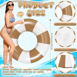 Foilswirl 3 Pcs Giant Ring Floats for Adults 48 Inch Large Inflatable Pool Tube Floats Vintage Brown Striped Swimming Rings for Swimming Pool Summer Beach Bachelorette Wedding Party Decor