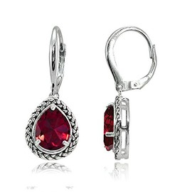 Sterling Silver Created Ruby Pear-Cut Oxidized Rope Dangle Leverback Earrings
