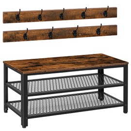 HOOBRO Hall Tree Entryway Storage Bench, Coat Rack Shoe Bench, Shoe Rack Organizer with Coat Hooks, 3-in-1 Design, Wooden Furniture with Metal Frame, Rustic Brown and Black BF171MT01