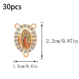 30 Pieces Religious Rosary Connector Charms, 3-Hole Oval Crystal Rhinestone Border, 0.87 x 0.61 inch, Various Styles (Saint Michael / Sacred Heart / Virgin Mary / Guadalupe / etc.) (Our Lady of Guadalupe)