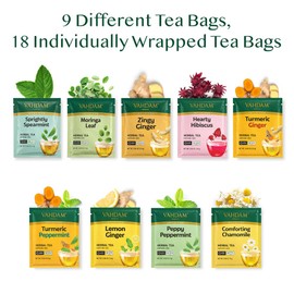 VAHDAM, Assorted Herbal Tea Sampler (18 Tea Bags, 9 Flavors) Caffeine-Free, Non-GMO | Double Infusion, Individually Enveloped Tea Bags | Herbal Tea Assortment
