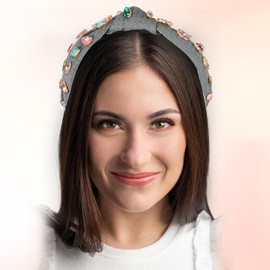 VOCOSTE Rhinestone Retro Knotted Headband, Non-slip Wide Headband for Women, Gray Blue 5.12"x1.26"