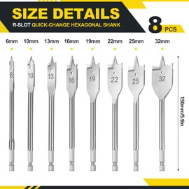 WiMas 8PCS Wood Flat Drill Bits Set 6, 10, 13, 16, 19, 22, 25&32mm Spade Drill Bit, Carbon Steel Woodworking Hole Cutter Tools