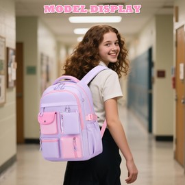 QIXIHU Backpack for Girls, Bookbag for Middle School & Elementary School, Multiple Pockets Cute Girls Backpacks Ages 6-12(Purple)
