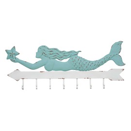 Creative Co-Op Aqua & White Metal Mermaid Wall Décor with 7 Hooks, 16 Inch Long
