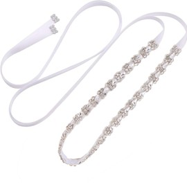WEZTEZ Bridal Belt with Crystal Rhinestones,Thin Bridesmaid Beads Sash for Wedding Gown (White)