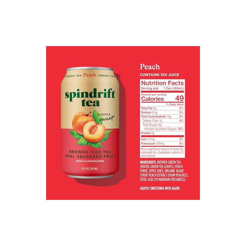 Spindrift Brewed Iced Tea, Peach Green Tea, Made with Real