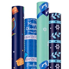 Hanukkah Wrapping Paper (4 Rolls, 93 sq. ft. ttl) Menorahs, Dreidels, Stripe and Star of David Design for Holiday Gift Wrap - Traditional Hanukkah Elements Collection - 17 Inches x 16.5 Feet Per Roll