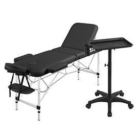 Yaheetech 3 Sections Aluminium Alloy Massage Bed & Black Salon Tray, Professional Massage Couch Portable Spa Table Height Adjustable Mobile Beauty Salon Storage Tray