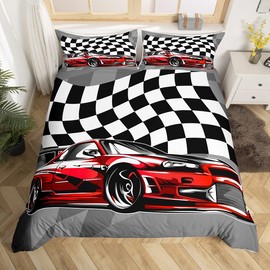 Race Car Bedding Set Red Sports Car Duvet Cover for Boys Girls 2 Pieces Kids Teens Back White Plaid Flag Microfiber Comforter Cover with 2 Pillowcase(Double)