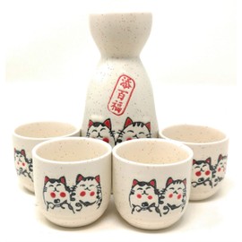TJ Global 5-Piece Sake Set, Durable Ceramic Japanese Sake Set with 1 Carafe/Decanter/Tokkuri Bottle and 4 Ochoko cups for Hot or Cold Sake at Home or Restaurant - Cute Cat Design