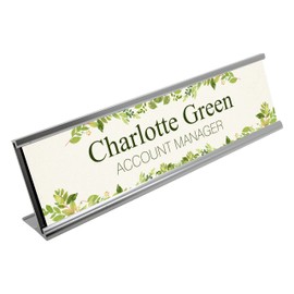Badgemaster Plant Print Themed with Dark Green Text Desk Plaque Name and Job Title Modern Stylish Desk Accessories