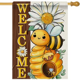 Dyrenson Welcome Spring Summer Bumble Bee 28 x 40 House Flag Double Sided, Daisy Flower Honeycomb Garden Yard Decorations, Farmhouse Honey Floral Burlap Outdoor Decor Decorative Large Flag