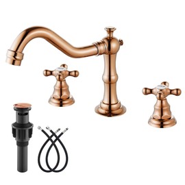 gotonovo Bathroom Faucet 3 Hole 8 Inch Widespread Bathroom Sink Faucet 2 Cross Handles Vintage Lavatory Vanity Mixer Tap with Pop Up Drain, HOT Cold Label, Rose Gold