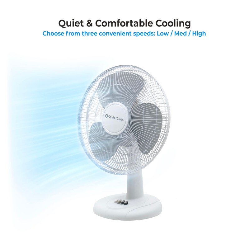 Comfort Zone Oscillating Table Fan with Adjustable Tilt, Convenient Push