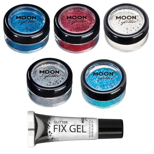 Fine Glitter by Moon Glitter - Jubilee Set with 5 Colours + Fix Gel - Cosmetic Festival Makeup Glitter for Face, Body, Nails, Hair, Lips - 3 g