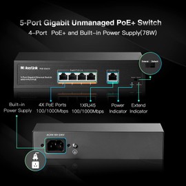 MokerLink 5 Port Gigabit POE Switch, with 4 Port POE+ 1000Mbps, 78W IEEE802.3af/at, Unmanaged Plug and Play, Stable Metal, Fanless