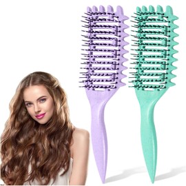 Juego de Cepillos Rizadores de 2 Piezas Cepillo de Cojín, Peine Fácil de Desenredar para Cabello Rizado Y Ondulado, Adecuado Para Cabello Fino Y Grueso.(Púrpura/Verde)