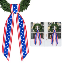 RunNico 2 Pack Patriotic Wreath Sash for Front Door, 53" L x 3.4" W Red White and Blue Wreath Sash, Satin Wreath Sashes Accessories for 4th of July DIY Party Wall Doorway Porch Decoration