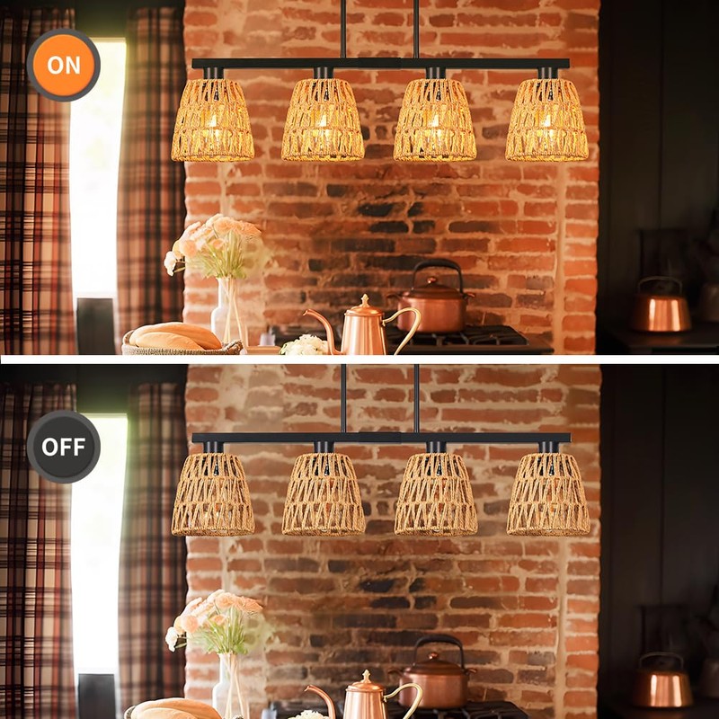 Black 4-Light Kitchen Island Lighting, Boho Rattan Dining Room Light