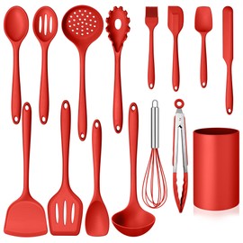 Kitchen Cooking Utensils Set with Holder, Homikit 15-Piece Silicone Spatula Set for Nonstick Cookware, 446°F Heat Resistant Spoon Turner Tong Whisk Brush for Cooking and Baking-Red