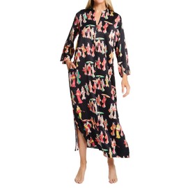 N Natori Women's Geisha-Printed Satin Caftan Length 52", Black/Multi, Large