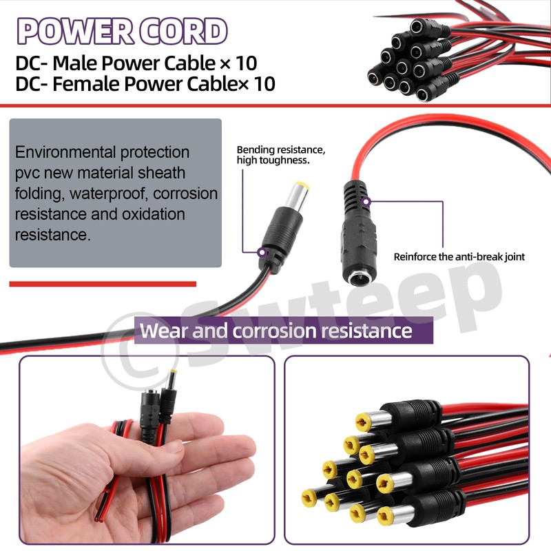 Swpeet 10 Pairs 2.1mm x 5.5mm Male Female 18AWG 12V