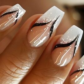 Short Coffin White French Press on Nails Fox Tail Design Curve Line False Nails 24 Pcs Glossy Silver Glitter Acrylic Fake Nails Gel Glue on Nails Candy Colored Stick on Nails for Coquette Women Girls