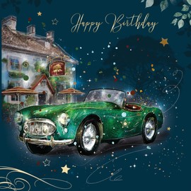 Cherry Orchard Classic Car Vintage Car Happy Birthday Luxury Card with Gold Foil detailing and Gold Envelope