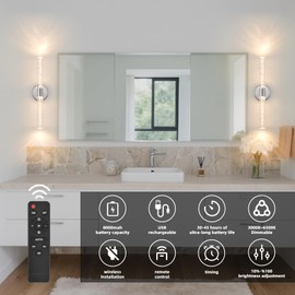 Povectolay Silver Wall Light LED Battery Operated Wall Sconces(2 Pack), 20-Inch Dimmable Crystal Wall Sconce, Rechargeable Chrome Bubble Wall Lights, Wireless Wall Lamp for Bedroom, Living Room