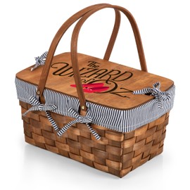PICNIC TIME Wizard of Oz Kansas Handwoven Wood Picnic Basket, Woven Basket with Tabletop Lid, Large Basket for Picnic, (Navy Blue & White Stripe)