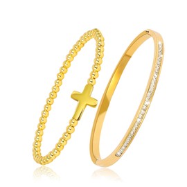 JJDreams Stainless Steel Cuff Bangle Bracelet with Rhinestones for Women Stretch Gold Beads Bracelets Hypoallergenic Various Styles Adjustable Bangle Set for Gift or Parties, Stainless Steel Titanium,