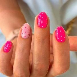 Uñas postizas cortas de acrílico con lunares rosas, de cobertura total, para mujer, brillantes, reutilizables, kit de 24 piezas y 12 tamaños.