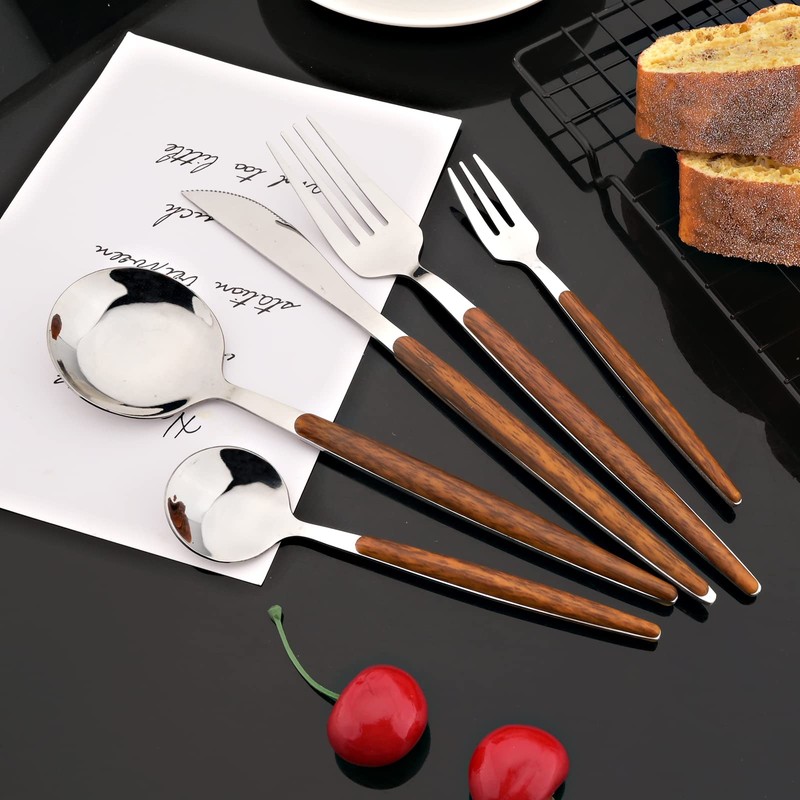 JASHII Wood Handle Flatware Set, 20 Pieces Stainless Steel Silverware