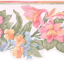 CONCORD WALLCOVERINGS ™ Wallpaper Border Floral Pattern Flowers Leaves Lines, Die Cut Edge for Cottage Kitchen Dining Room, Pink Orange Blue Green, 15 Feet by 8 Inches BR14013DB