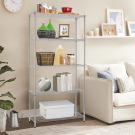 Furniture of America Upland 5 Tier Metal Shelving Units & Storage NSF Certified,Heavy Duty Height Adjustable Wire Shelf Rack for Kitchen, Office, Garage, Basement, Laundry Room, Chrome