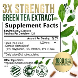 Green Tea Extract 1000 mg Per Serving - 3X Strength Green Tea Pills with 45% EGCG & 98% Polyphenols for Natural Energy - Vegan Antioxidant Herbal Supplement for Heart Support - 240 Capsules