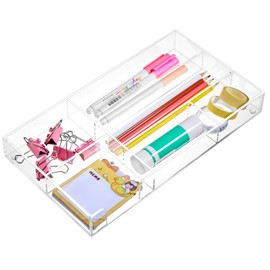 Briwooody Acrylic Clear Desk Drawer Organizer 6 Section 11 x 6.1 x 1.38 Inch Storage Tray Organizer for Pens, Stationery, Desktop, Office, Bathroom, Kitchen, Makeup Supplies