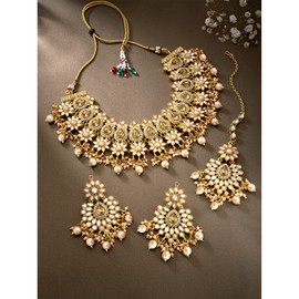 Aheli Gold Plated Kundan Dangling Pearls Necklace Earring Maangtikka Jewellery Set Gift for Women Golden