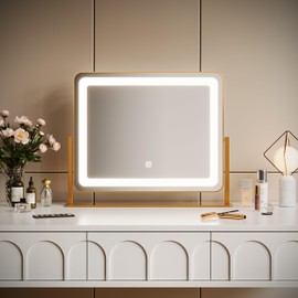 Vanity Mirror with Lights, 19.6"x15.7" LED Makeup Mirror, Large Lighted Mirror with 3-Color Dimmable Modes and Smart Touch Control, Perfect for Desk or Bedroom, Vanity Desk Tabletop Makeup, Gold