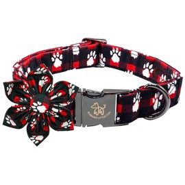 Elegant little tail Christmas Dog Collar, Paws Print Pet Collar Dogs Holiday Collars with Flower Black Cute Winter Boy Girl Puppy Flower Adjustable Pet Collars for X-Large Dogs
