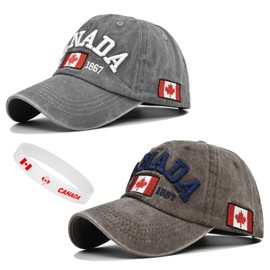 RNFENQS 2 Pack Canada Flag Baseball Cap Vintage Maple Leaf Dad Hat for Men Women Grey Brown