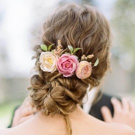 Fangsen Black Wedding Pink Ivory Rose Flower Hair Comb Bridal Hair Accessory for Women and Girls