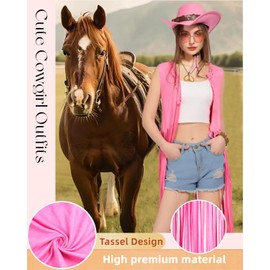 6pc Women’s Hippie Clothes Costume Fringe Vest and Accessories Set 70s Cowgirl Outfit with Hat Necklace Sunglass Pink L